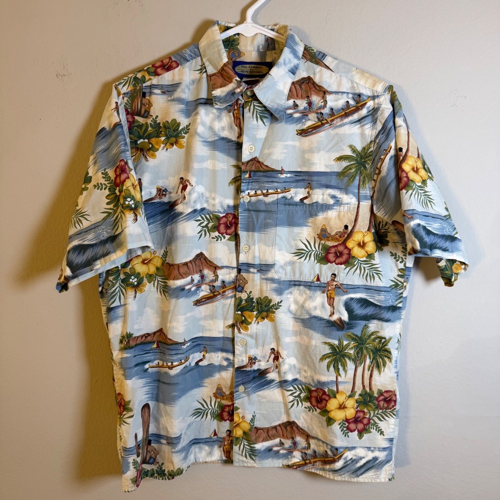 Reyn Spooner Phil Edwards Hawaiian Shirt Mens Small Blue Scenic Surf Cotton S